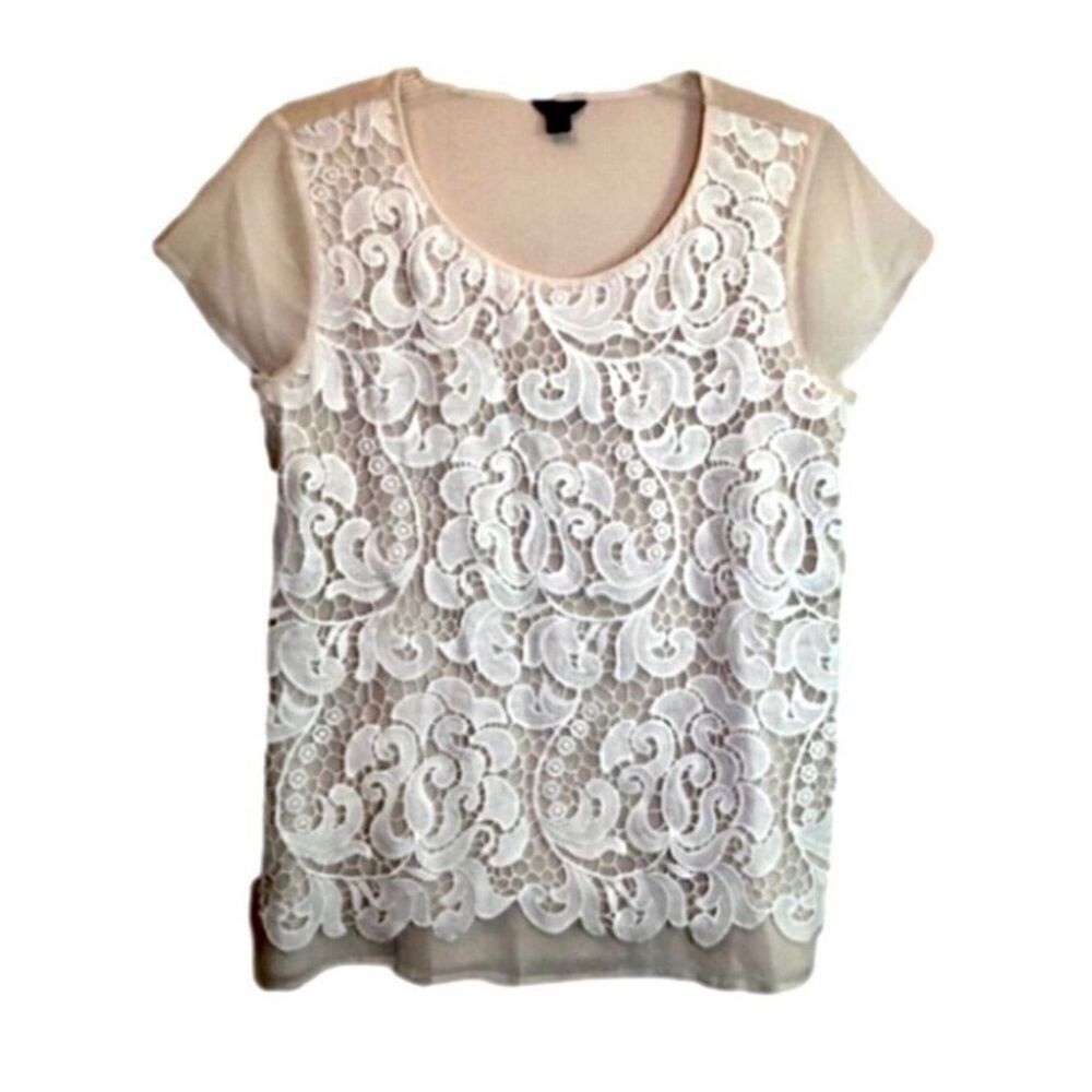 Ann Taylor Short Sleeve  Cream Top with White Lace Overlay Women’s Small